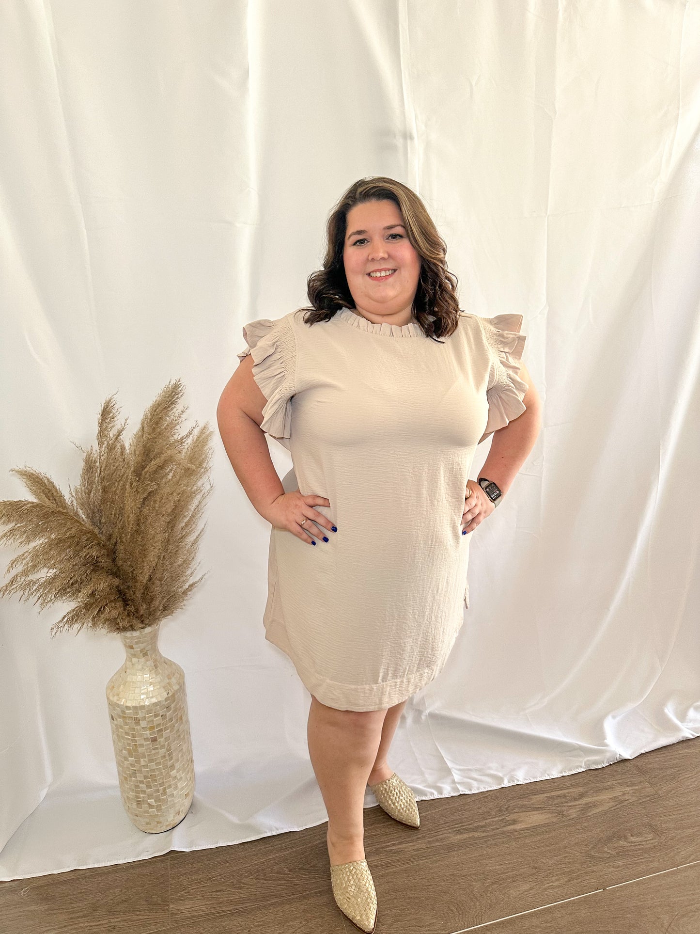 Ruffle Sleeve Oatmeal Dress