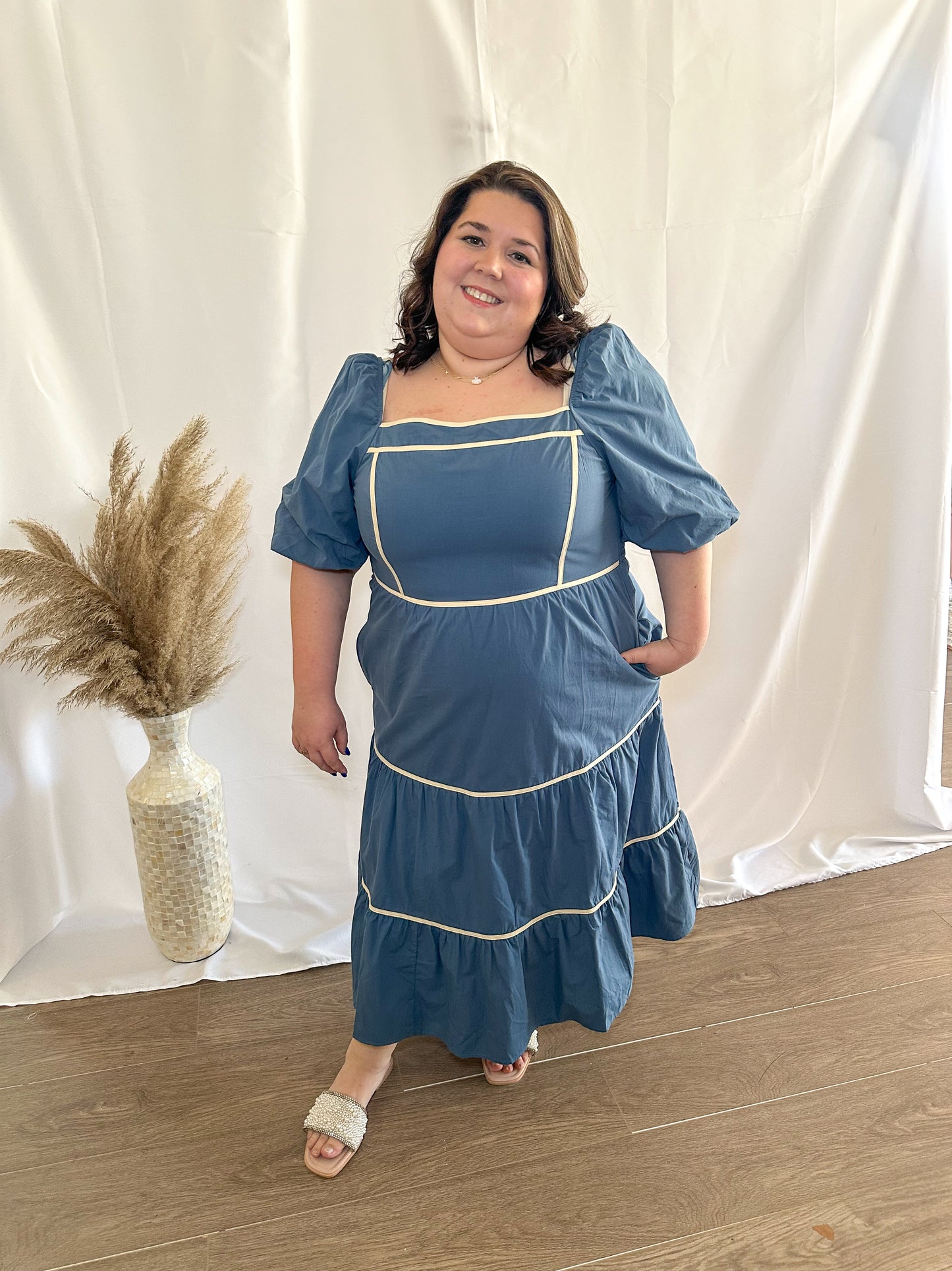 Blue Square Neck Dress